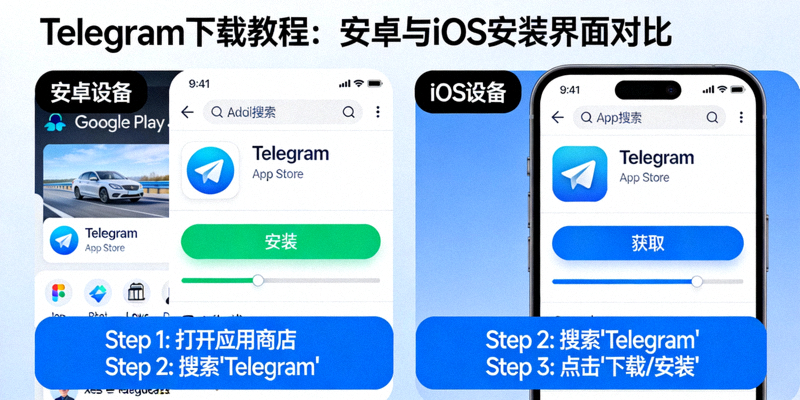 电报官网Telegram下载教程配图 - 安卓与iOS设备安装界面对比