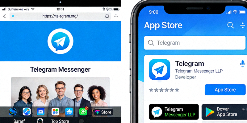 iOS设备访问Telegram官网与打开App Store的界面对比图
