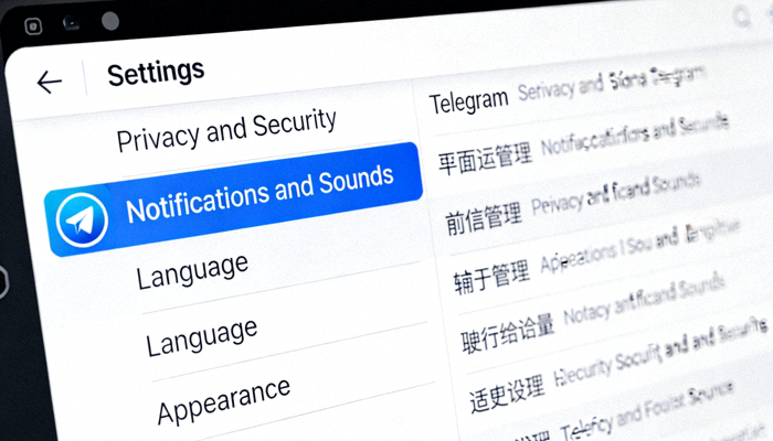 Telegram部分界面显示英文问题示例图 - 设置菜单中部分选项为英文