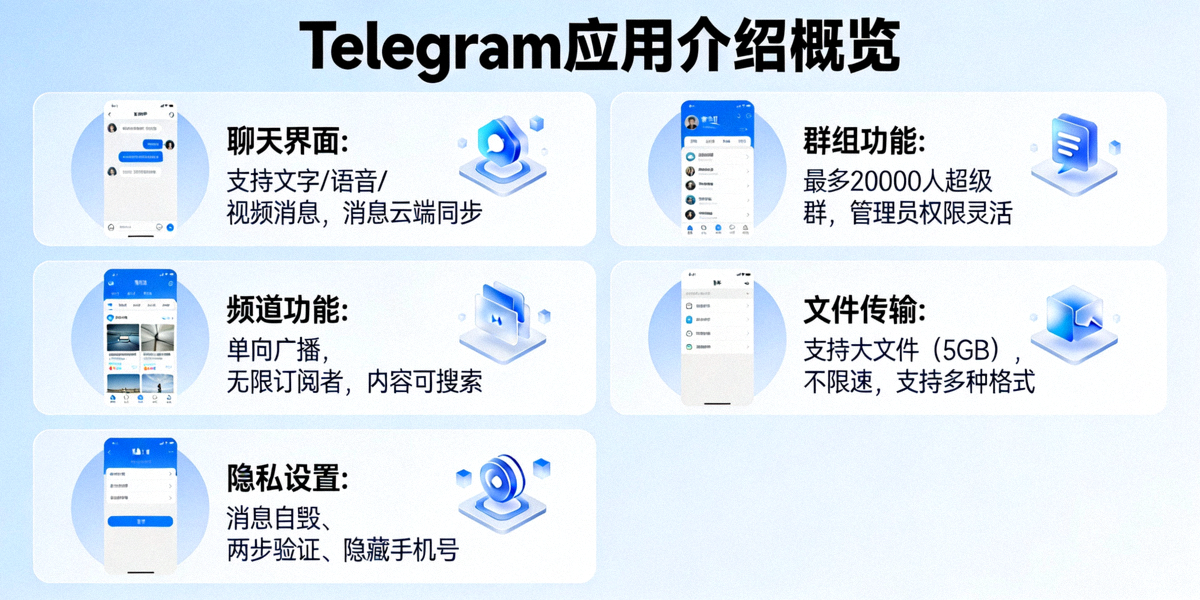 Telegram电报应用介绍概览图 - 展示应用界面和主要功能
