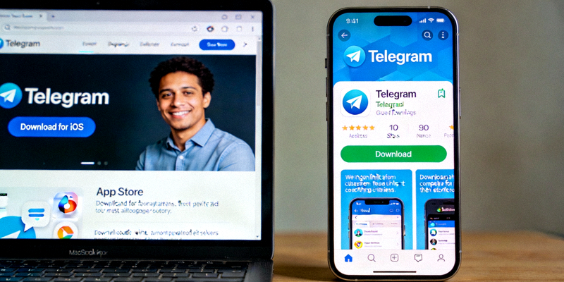 Telegram官网上的Download for iOS按钮与App Store中Telegram官方应用详情页截图