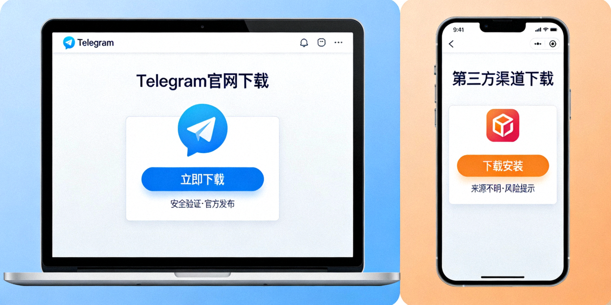 Telegram官网与第三方渠道下载对比主图 - 展示电脑和手机上的不同下载界面