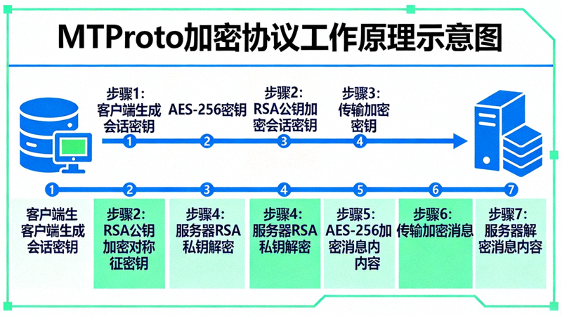 Telegram加密协议MTProto工作原理示意图 - 展示客户端与服务器之间的加密流程