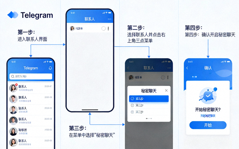 Telegram秘密聊天开启步骤截图教程 - 展示从联系人界面到开启秘密聊天的完整流程