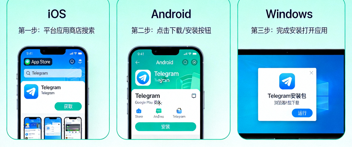 Telegram应用安装过程步骤图解 - 展示不同平台的安装界面