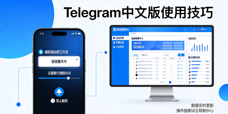 Telegram中文版使用技巧配图 - 展示秘密聊天加密功能与大型群组管理后台的操作界面
