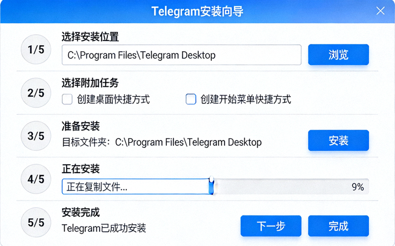 Telegram桌面版安装过程截图 - 显示安装向导步骤