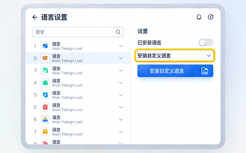 Telegram桌面版语言设置界面截图 - 高亮显示安装自定义语言选项