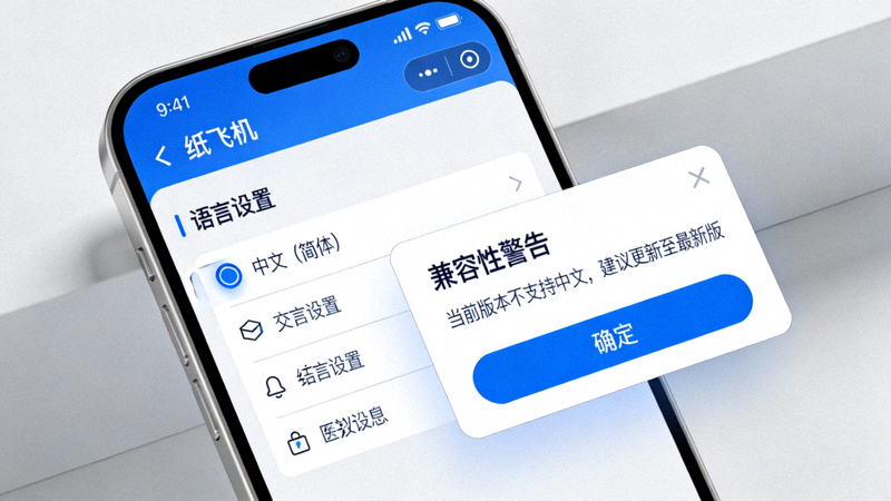 纸飞机APP汉化问题解答主题图 - 展示手机界面语言重置和兼容性警告弹窗