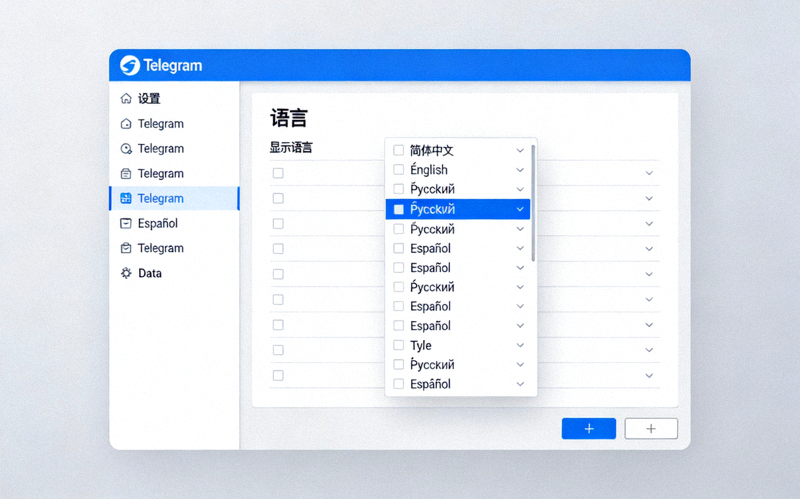 桌面端Telegram语言设置界面截图 - 显示语言选择下拉菜单